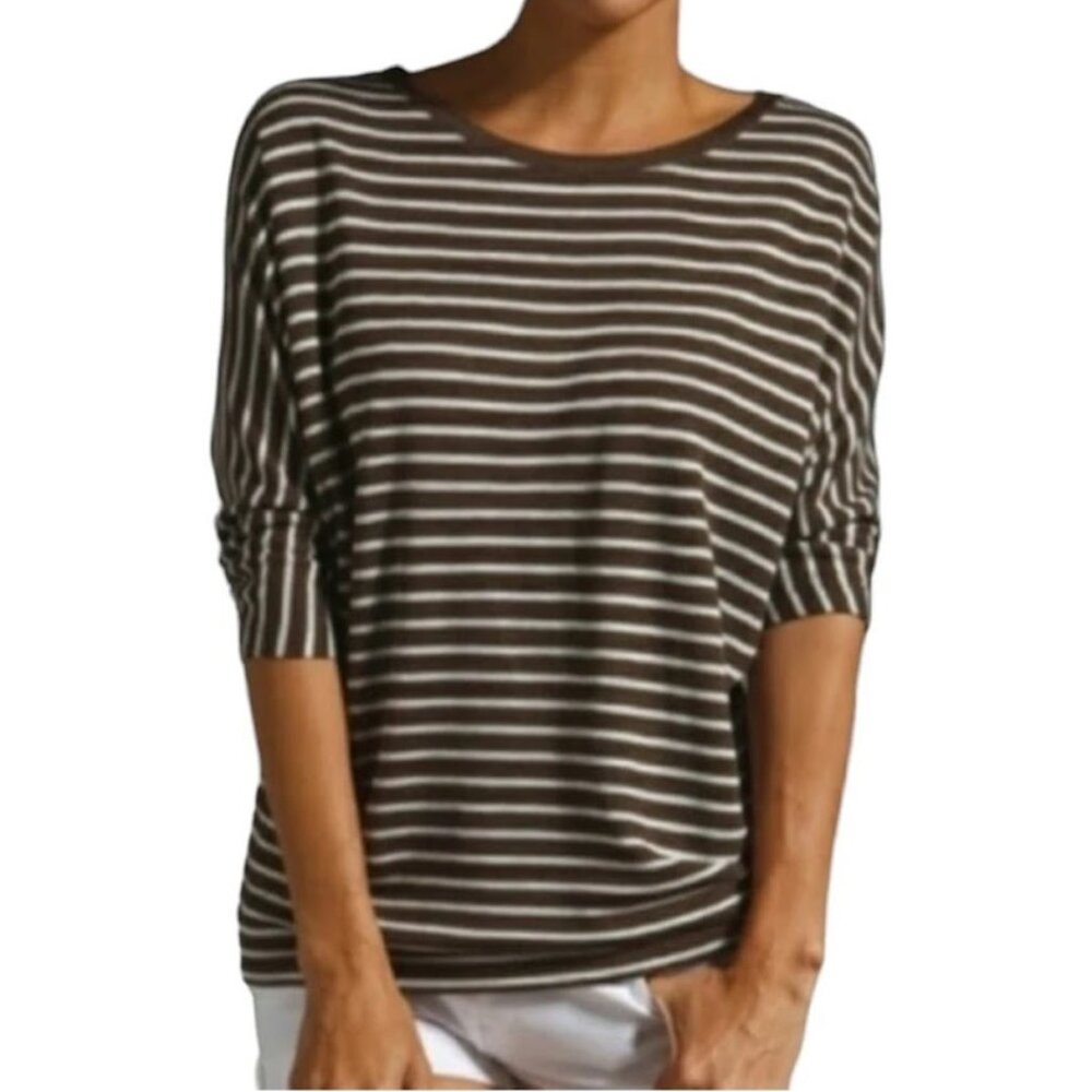 VINCE Top, Brown White Striped 100% Cotton Long Sleeve Pocket Boho Casual, M